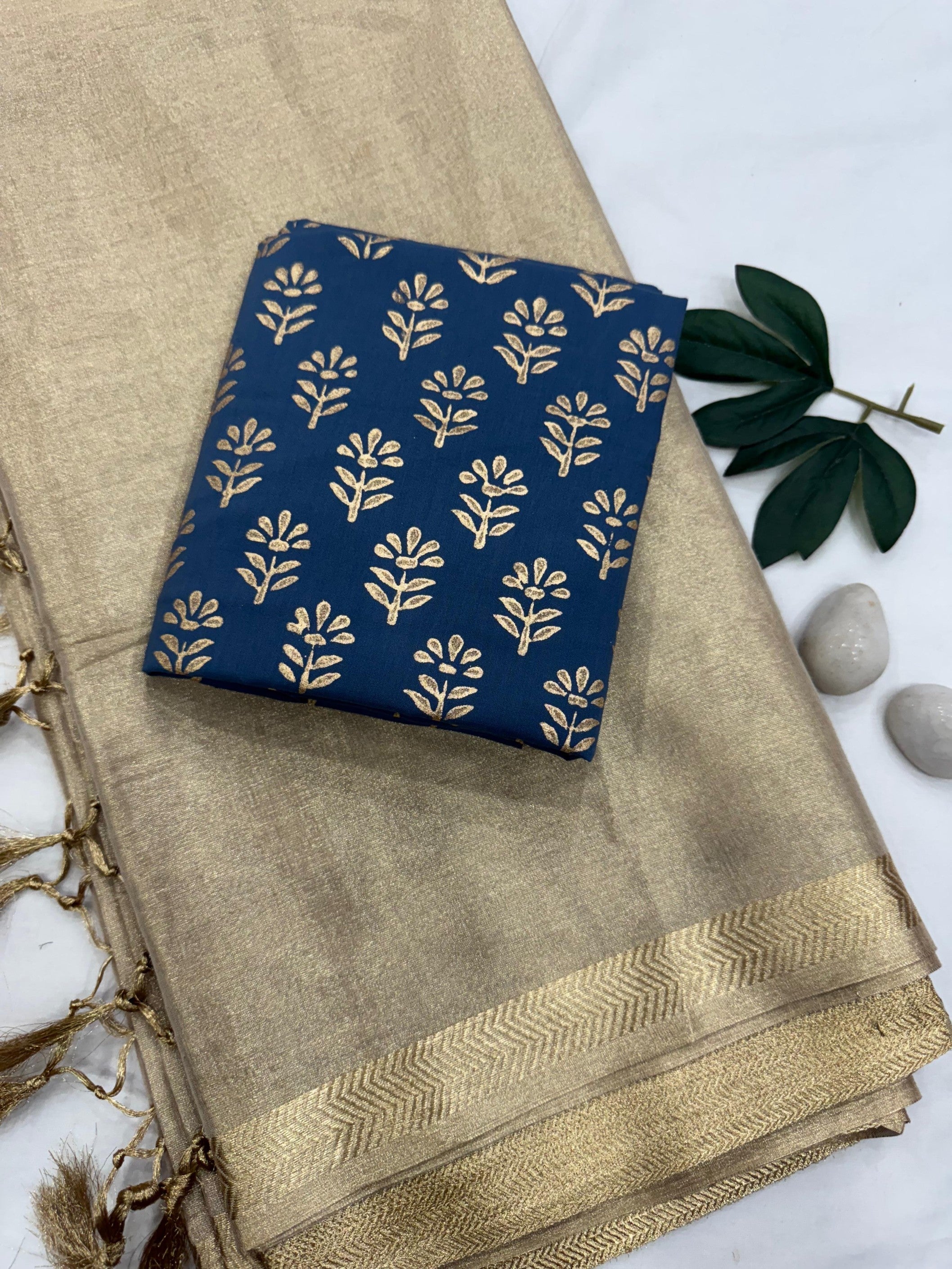 Gold Tissue Saree with Dark Blue Butti Fabric – Designer Wholesale Saree for Retailers & Boutiques